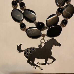 Western Necklace - Chunky double strand black banded agate & Swarovski crystal.